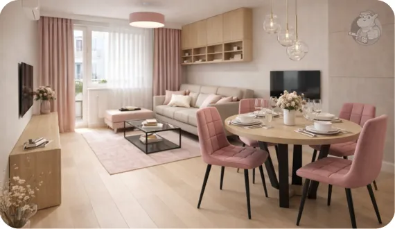 Lekkie tapicerowane różowe krzesła HARRY w przytulnym wnętrzu w stylu glamour